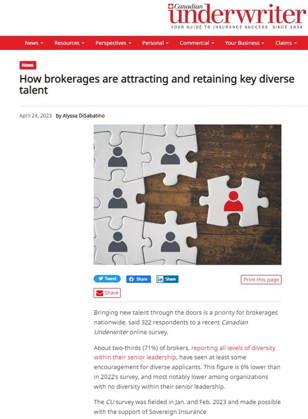 Une capture d'écran de l'article "How brokerages are attracting and retaining key diverse talent" en anglais
